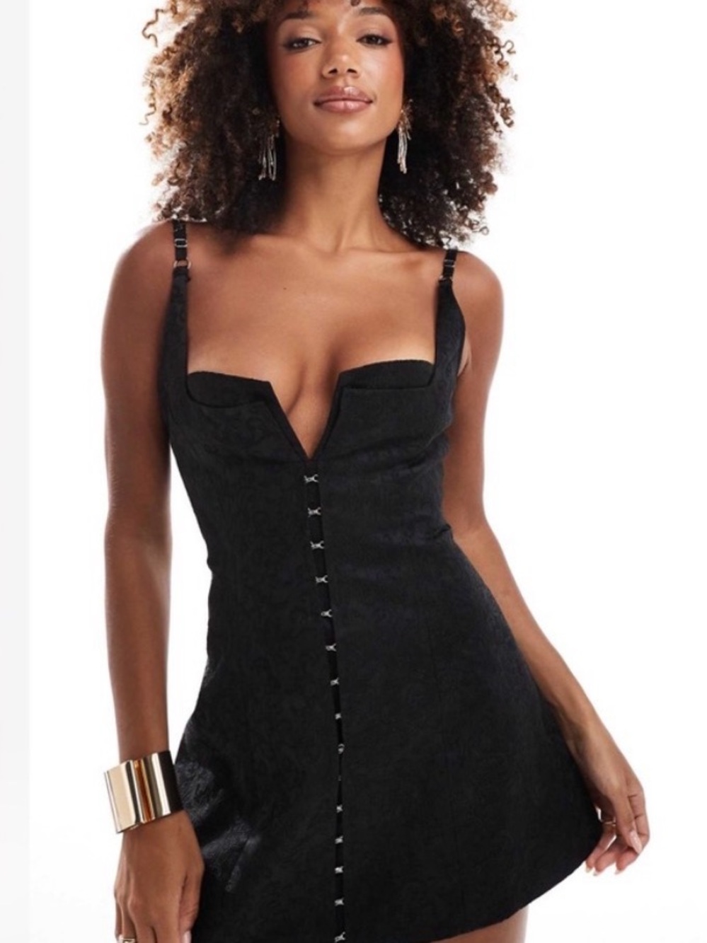 NEW Murci Hook & Eye Plunge Neck Jacquard A-Line Mini Dress Black 4